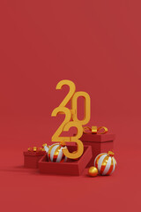 Merry Christmas and happy new year banner design, poster and cover design background. Christmas studio table room product display with copy space. 3D illustration