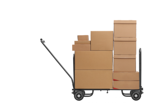 Studio shot of a hand truck loaded with cardboard boxes