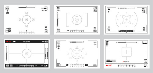 Display frame of video and photo camera. Viewfinder screen. Camcorder, photo camera viewfinder overlay vector display, videography device interface record, zoom, focus and aperture, volume indicators