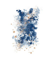 Delicate Abstract Watercolor Style Vector Layout. Dark and Light Blue Paint Stains and Gold Splatter on a White Background. Iregular Stains and Splash Print. No text. Artistic Design.