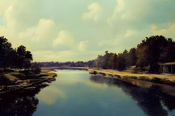 A serene peaceful river in the countryside. 