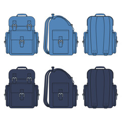 Set of color illustrations with a jeans backpack. Isolated vector objects on white.