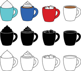 Hot Chocolate Clipart with Whip Cream and Marshmallows - Outline, Silhouette & Color
