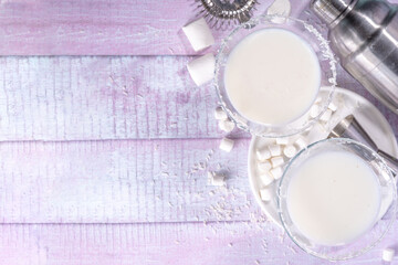 Cottontail Martini, sweet cute white martini alcohol cocktail, with marshmallow, marshmallow flakes