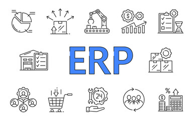 ERP. Enterprise resource planning infographics. Marketing line icons, business management system vector symbols. Finance strategy and accounting infographics with supply, team and profit outline signs