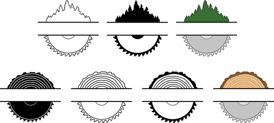 Woodworking Split Label Template Clipart Set - with Saw, Forest and Tree Rings - obrazy, fototapety, plakaty