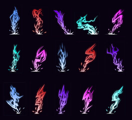 Fototapeta na wymiar Lightning animation set with sparks. Cartoon lightning effect. Thunderbolt strike comic sprite asses for 2D game