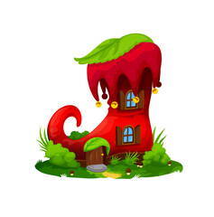 Cartoon red boot house building or dwelling, isolated vector fairytale clownish footwear house with long curve nose. Fairy, dwarf or gnome cottage. Fantasy home in old shoe with wooden door