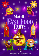 Halloween magic party flyer, fast food cartoon wizard and mage characters. Vector poster with funny burger, coffee cup, ketchup and mustard bottles, pizza and donut take away fastfood meal sorcerers