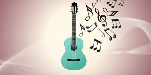 Classic acoustic guitar with flying music notes