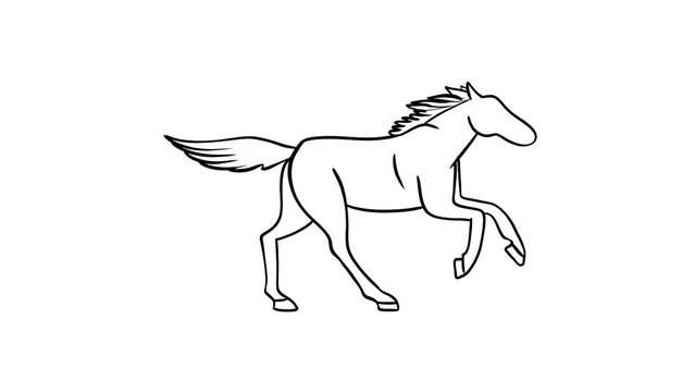 Animation of hand frame-by-frame drawing in black color of a contour of a horse in a run on a white isolated background, on a background for a chroma key. High quality FullHD footage