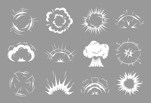 Bomb explosions and comics clouds. Cartoon vector boom effect, white smoke, nuclear mushroom, toxic steaming vapour, dust steam. Gas spray, burst ui or gui interface design elements isolated set