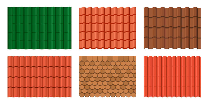 Roof tile background. Home rooftop terracotta ceramic tile patterns, architecture clay brick surface or vector backgrounds. Building roof metal or ceramic sheet material textures set