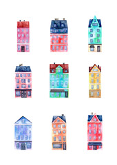 Hand drawn watercolor collage houses in bright colors