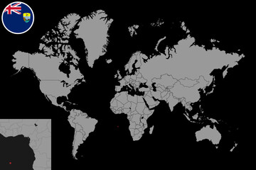 Pin map with Saint Helena, Ascension and Tristan da Cunha flag on world map. Vector illustration.