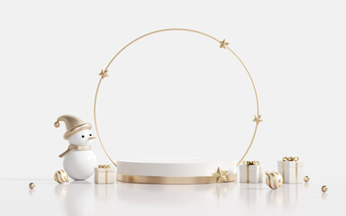 3D rendering white and gold product display stand, with golden ring of stars, cute snowman model, gift boxes and gold baubles on white background. Realistic luxury Christmas sale presentation scene.