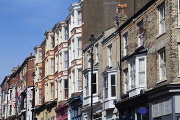 Scarborough street with flags, UK
