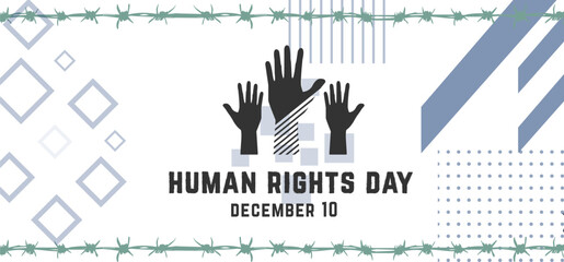 Human Rights Day Poster with human hands up. Raised hands silhouette icon vector. Human Rights Day banner, December 10