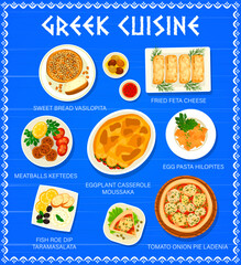 Greek cuisine restaurant menu page. Fried feta cheese, tomato onion pie Ladenia and fish roe dip Taramasalata, pasta Hilopites and meatballs Keftedes, eggplant casserole Moussaka, bread Vasilopita