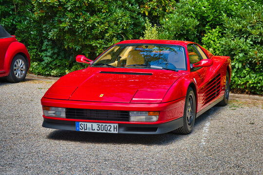 BADEN BADEN, GERMANY - JULY 2022: red FERRARI 328 GTS 1989 coupe, oldtimer meeting in Kurpark