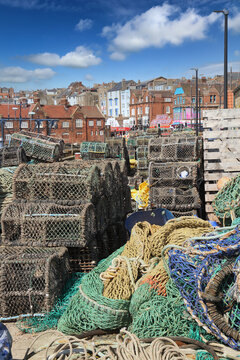 Scarborough harbour with fish nets, UK