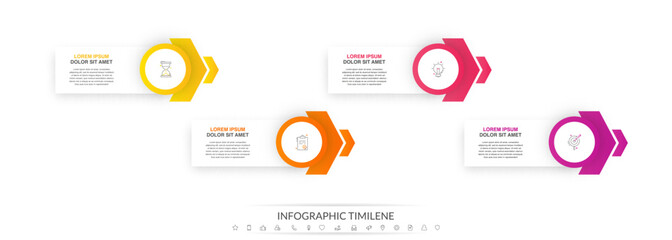 Vector modern infographic with 4 circles and arrows. 3D concept graphic process template with four steps and icons. Timeline for the business project on white background