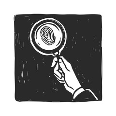 Vector hand drawn sketch of hand with magnifying glass. Illustration in frame with private detective looking for clues with a loupe.