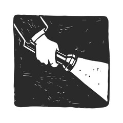 Vector hand-drawn sketch of a hand with a pocket flashlight. Illustration of a private detective looking for clues in the dark.