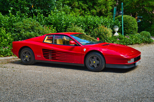 BADEN BADEN, GERMANY - JULY 2022: red FERRARI 328 GTS 1989 coupe, oldtimer meeting in Kurpark