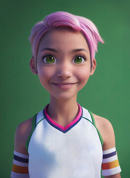 pink short hair beautiful generic teen girl character portrait in sports tank top, digital painting in 3D cartoon movies style