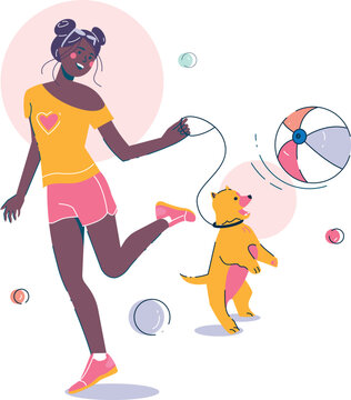 Summer holiday jumping woman with pet young dog