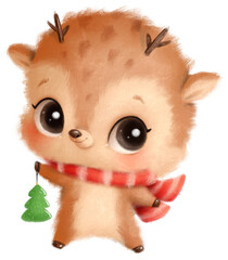 An illustration of a cute cartoon Christmas deer. Reindeer. Transparent background. PNG