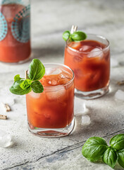 Tomato juice or Bloody Mary iced cocktail with bazil leaves in two glasses and bottle for drink menu