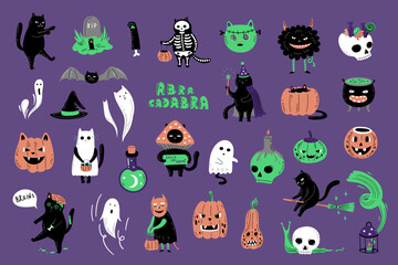 Halloween funny set with black cats, monsters, pumpkins, ghost, zombies. Cute magic character