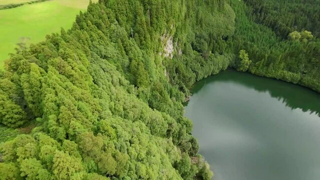 Aerial View Flight Lake In Volcanic Crater Lagoa Do Congro, Sao Miguel Island Azores 15 October 2022