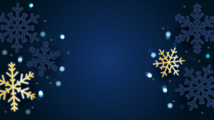 Winter background. Gold and blue snowflakes on navy background - 543001312