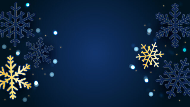 Winter background. Gold and blue snowflakes on navy background