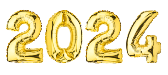 New Year 2024 celebration. Helium balloon. Golden Yellow foil color. Numbers Two 2, four 4, Zero 0. Good for Party, greeting card, Advertising, Anniversary. Isolated white background. High resolution