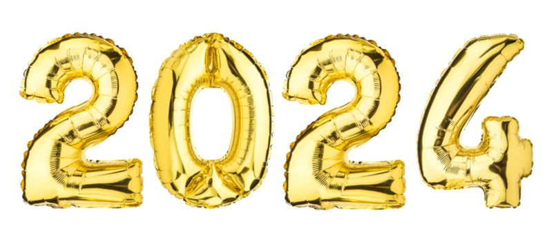 New Year 2024 celebration. Helium balloon. Golden Yellow foil color. Numbers Two 2, four 4, Zero 0. Good for Party, greeting card, Advertising, Anniversary. Isolated white background. High resolution