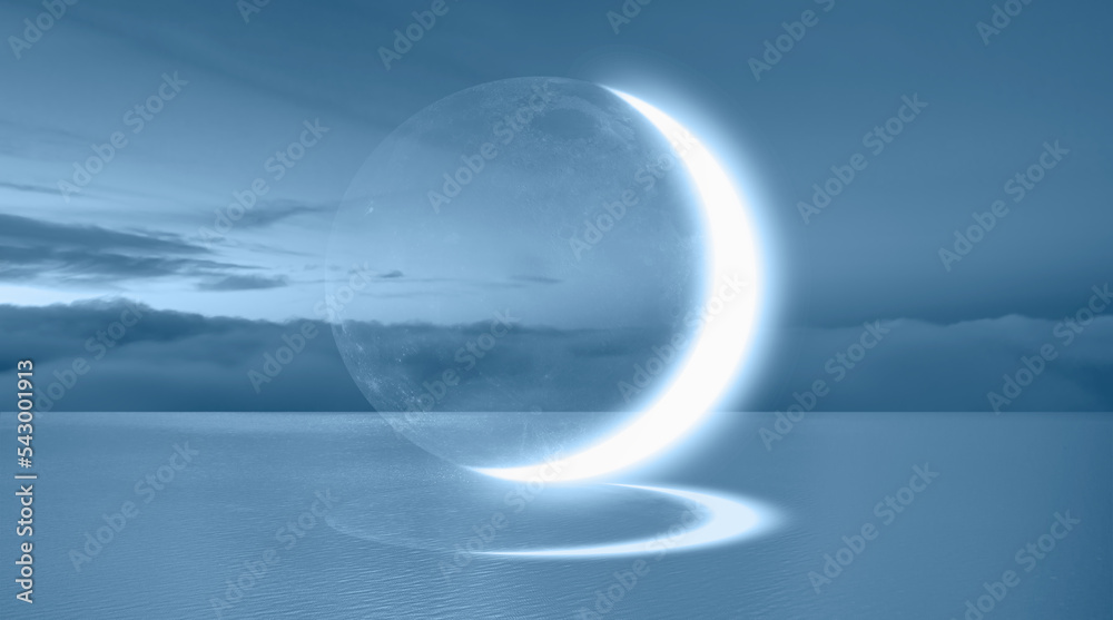 Poster abstract background of with crescent moon over the sea at sunset