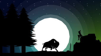 landscape bison Under the Moonlight. bison silhouette and night landscape vector design. bison at night background. bison walpaper in the night. © riansa28