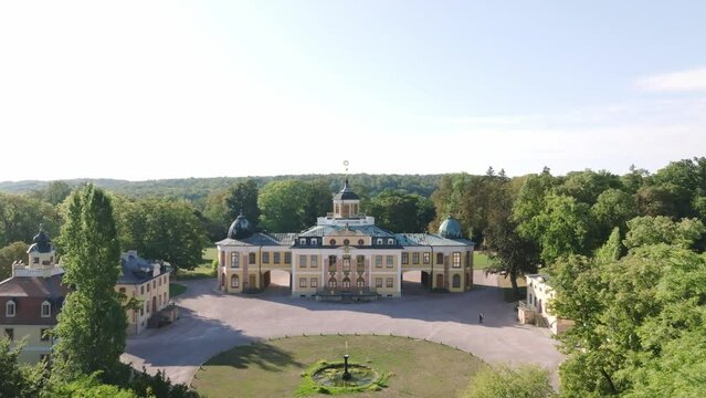The Weimar palace Belvedere. Drone move forward
