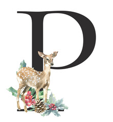 Christmas alphabet illustration, watercolor BLACK letter P. Woodland winter forest animal,stag, fawn, poinsettia, holly berry. Floral animal alphabet for holiday greeting card, invite,monogram diy