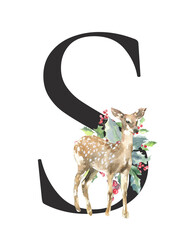Christmas alphabet illustration, watercolor BLACK letter S. Woodland winter forest animal,stag, fawn, poinsettia, holly berry. Floral animal alphabet for holiday greeting card, invite,monogram diy