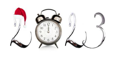 2022, old vintage alarm clock isolated on white background