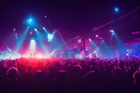 crowd in concert or party, lights and stage in the background