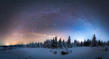 the milky way arc and a myriad of stars above a snow-covered trees on the mountain plateau