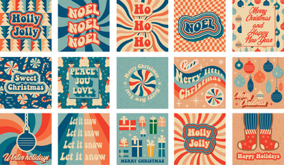Collection of Retro Festive Christmas greeting cards. Vector illustration
