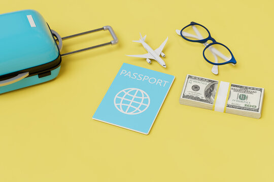 purchase of a plane ticket. plane, passport, money, luggage and glasses on a yellow background. 3D render