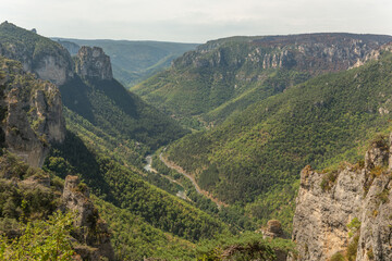 Gorges of Tarn seen from hiking trail on the corniches of Causse Mejean above the Tarn Gorges.